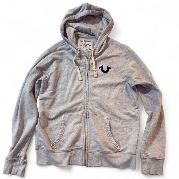 True Religion Light Grey Zip-Up Hoodie with Navy Velvet Logo Graphic — L - Y2K - Picture 2 of 8